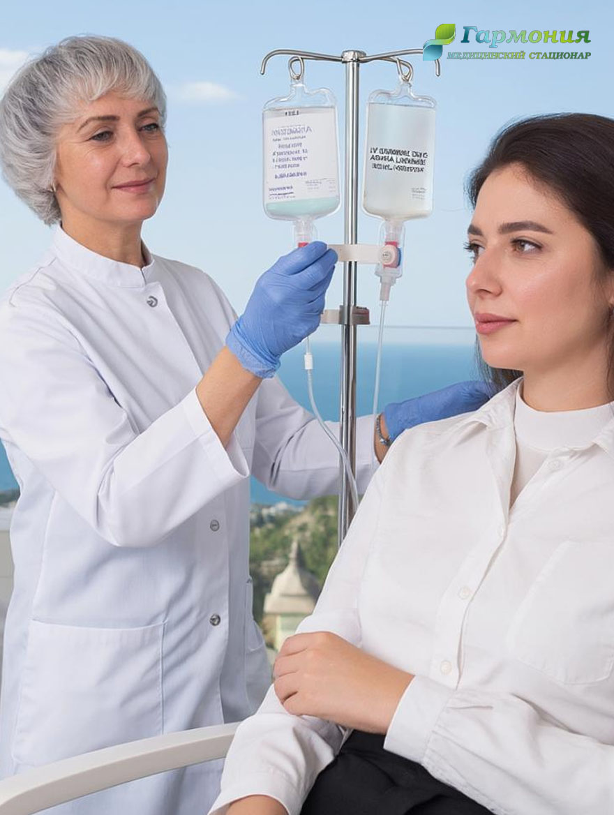 Врач и пациент с капельницей на фоне берега Гродно