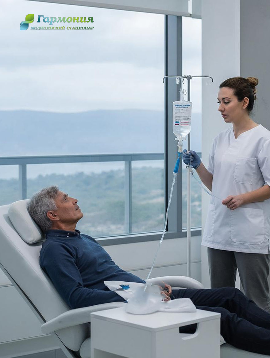 Врач и пациент с капельницей на фоне берега Гродно